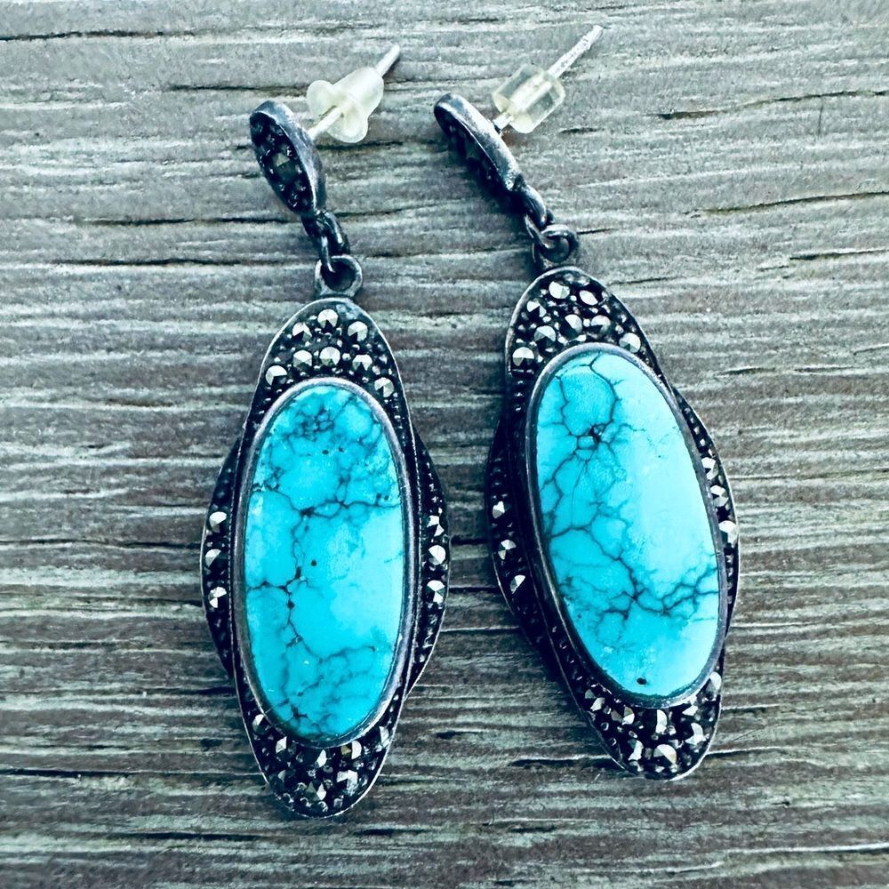 Sterling Silver Vintage Turquoise Stone Oval Earrings